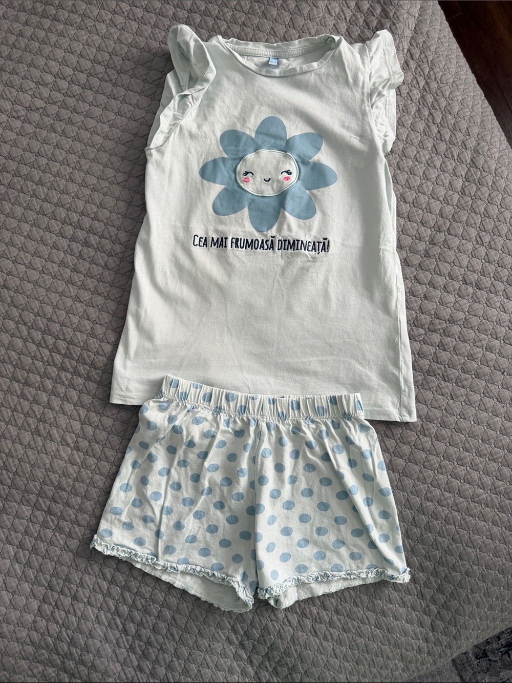 Girls White & Light Blue Flower Pajama Set